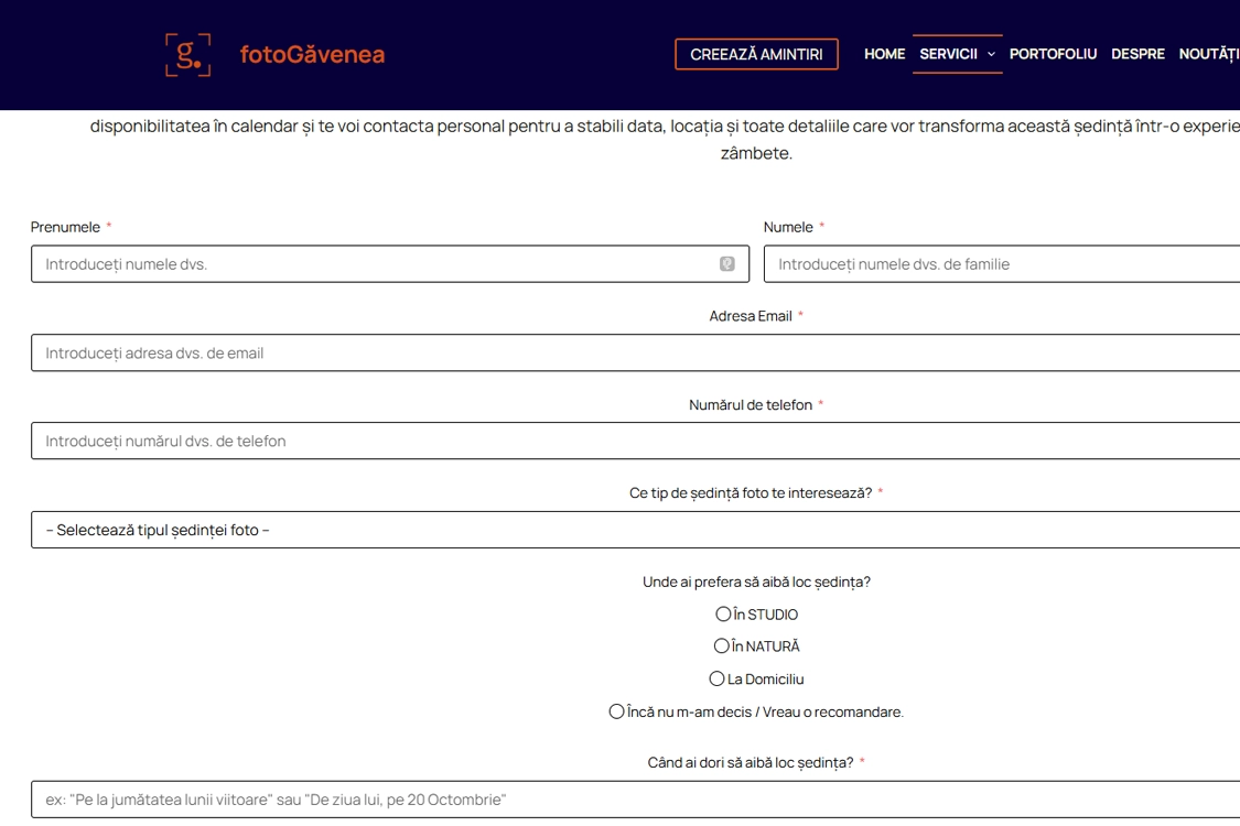 Formular personalizat pentru Sedintele Foto pentru site-ul foto Găvenea
