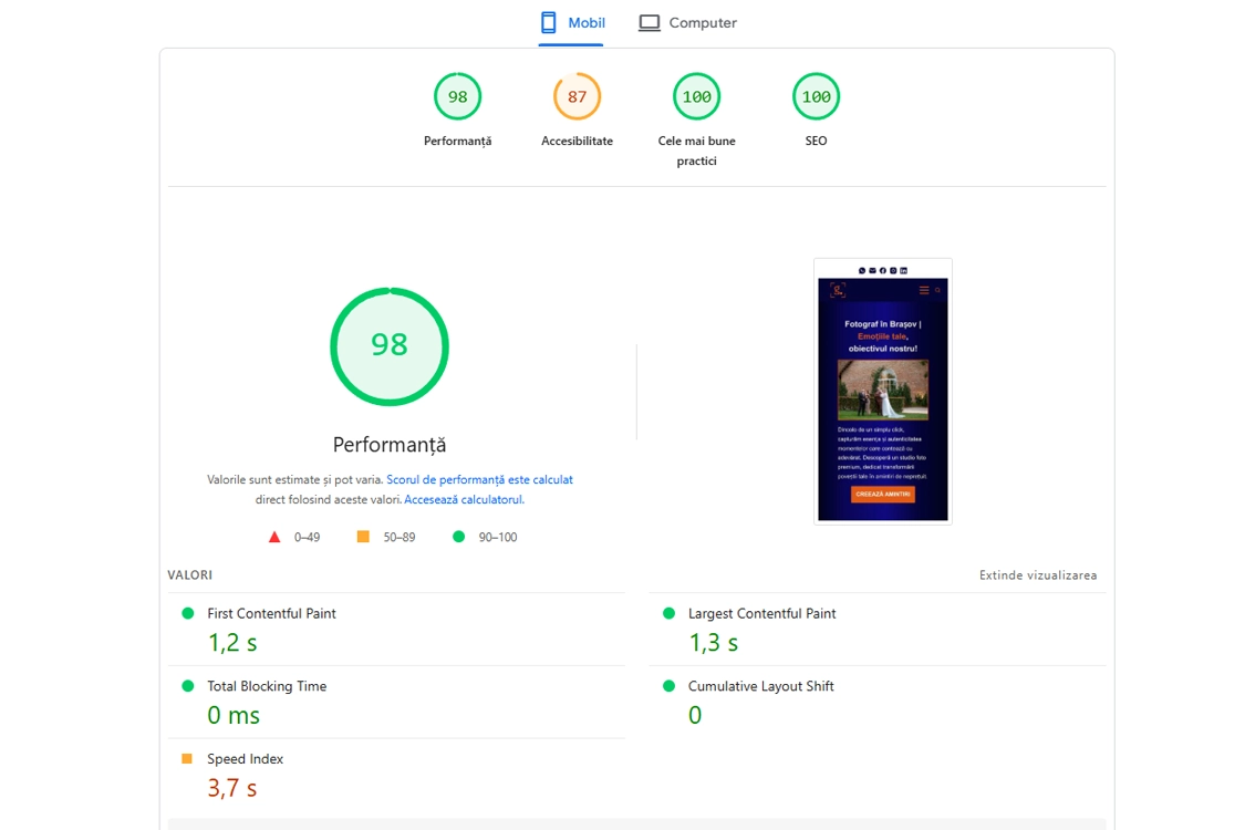 Performanta foto Găvenea în PageSpeed pe Mobil