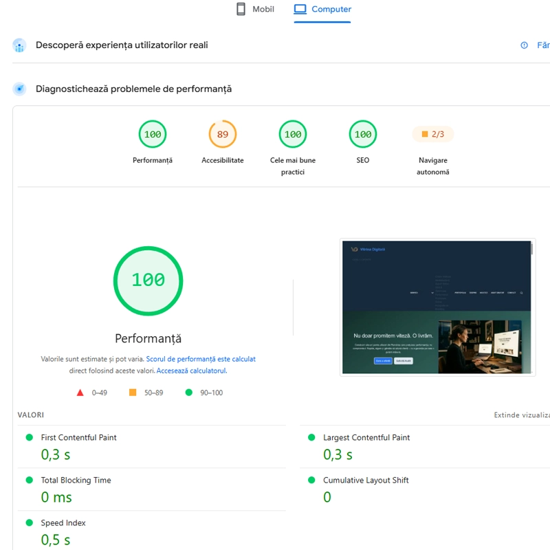 Audit Site Gratuit Desktop | Analiză Performanță și SEO | Vitrina Digitală